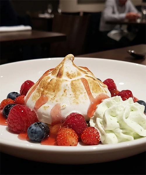 Altitude : meringue italienne soufflée, fruits rouges d'altitude, gel de rose sauvage et crème montée à la chartreuse verte, dessert du restaurant Stratos à Val d'Isère, vignette