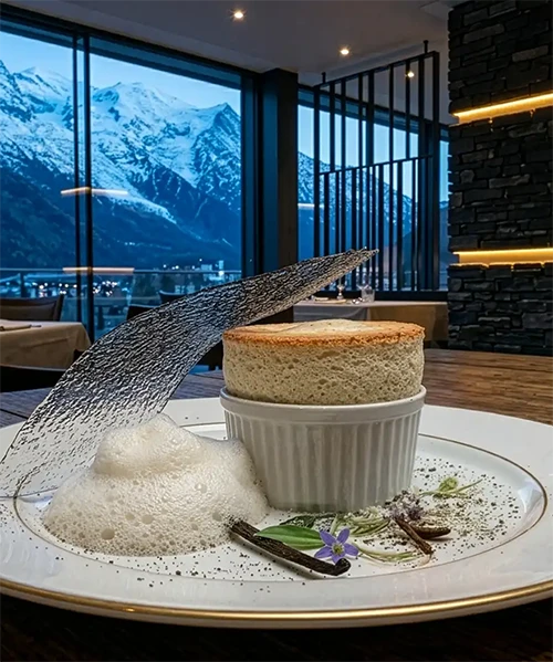 Blanc Absolu : soufflé glacé à la vanille de Tahiti, écume de lait cru et tuile transparente au sucre, dessert du restaurant Stratos à Val d'Isère, vignette