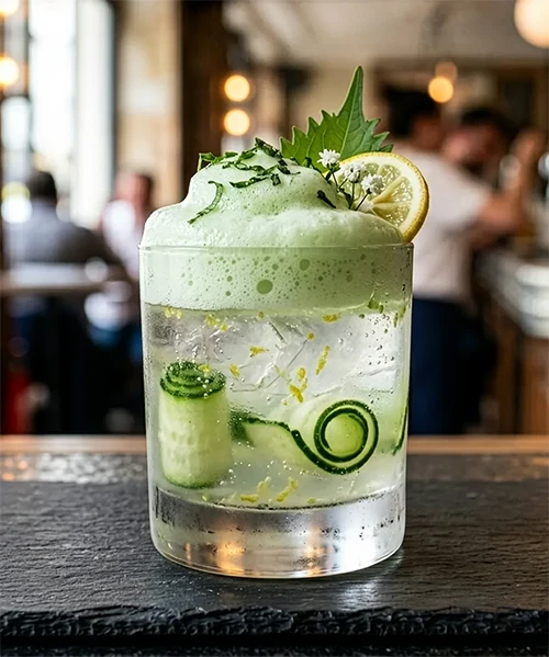 Brume du Glacier, cocktail sans alcool à l'eau de fonte, concombre compressé, yuzu et écume de shiso du restaurant Stratos à Val d'Isère, vignette