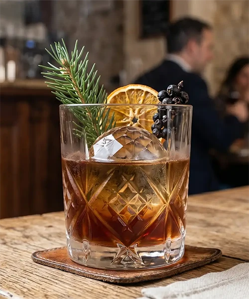 Cocktail signature au whisky tourbé, sirop de pin et bitters fumés sur glaçon taillé à la main, bar du restaurant Stratos à Val d'Isère, vignette