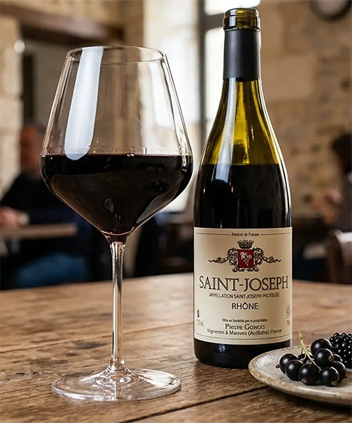 Bouteille et verre de Saint-Joseph du Domaine Gonon, syrah non filtrée de la vallée du Rhône, sélection du restaurant Stratos à Val d'Isère, vignette