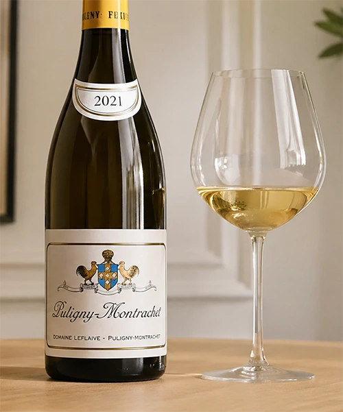 Bouteille et verre de Puligny-Montrachet du Domaine Leflaive, vin blanc de Bourgogne minéral et tendu, sélection du restaurant Stratos à Val d'Isère, vignette