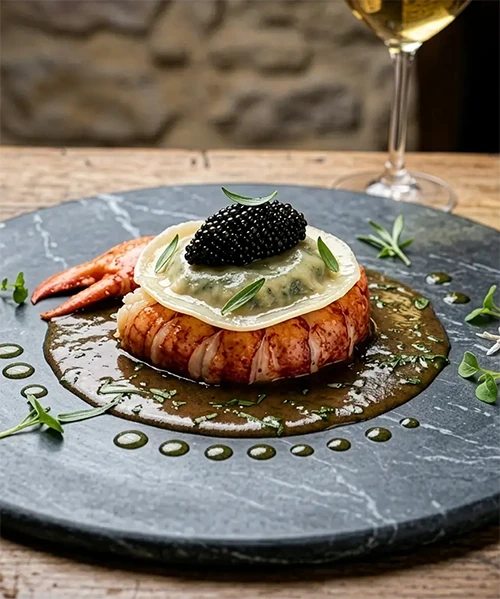 Éclat : homard bleu poché au beurre, bisque réduite à l'estragon, caviar d'Aquitaine et raviole translucide, plat du restaurant Stratos à Val d'Isère, vignette