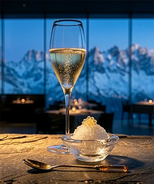 L'Étincelle : flûte de Champagne Blanc de Blancs accompagnée d'un granité de verjus et perle de citron caviar, accord mets et vins du restaurant Stratos à Val d'Isère, vignette