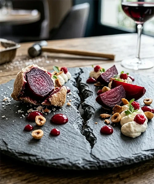 Fissure : betterave cuite en croûte de sel, gel de framboise sauvage, noisette torréfiée et mousse de chèvre frais, plat du restaurant Stratos à Val d'Isère, vignette