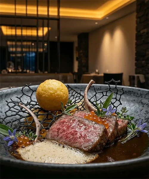Fusion : filet de bœuf Wagyu, beurre noisette à l'altitude, moelle glacée, pomme soufflée et jus corsé au miso, plat du restaurant Stratos à Val d'Isère, vignette