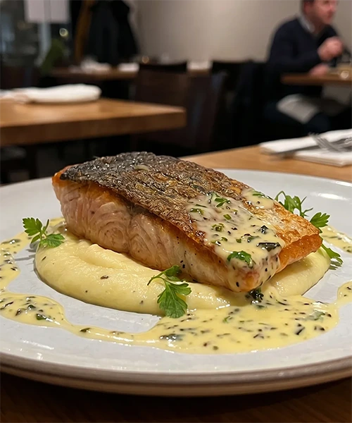 Linéaire : omble chevalier du lac, peau croustillante, velouté de pomme de terre ratte et beurre blanc aux algues lacustres, plat du restaurant Stratos à Val d'Isère, vignette