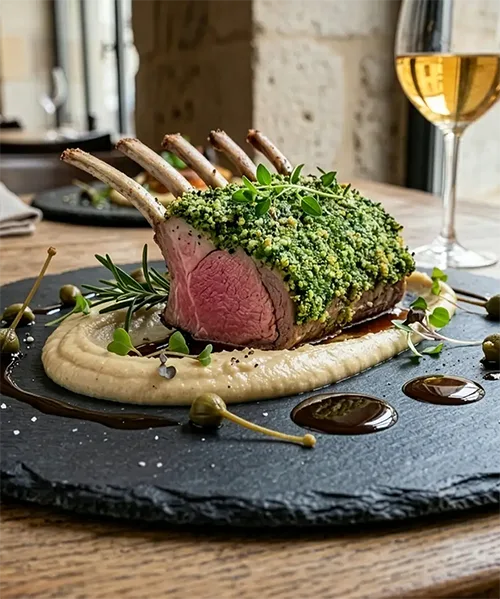 Massif : carré d'agneau des Alpes en croûte d'herbes, jus à la gentiane, purée de céleri fumé et pickles de câpres sauvages, plat du restaurant Stratos à Val d'Isère, vignette