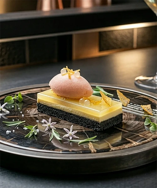 Minéral Doux : tarte fine aux agrumes, crème yuzu, gelée de citron Meyer, sablé à la cendre et sorbet pamplemousse, dessert du restaurant Stratos à Val d'Isère, vignette