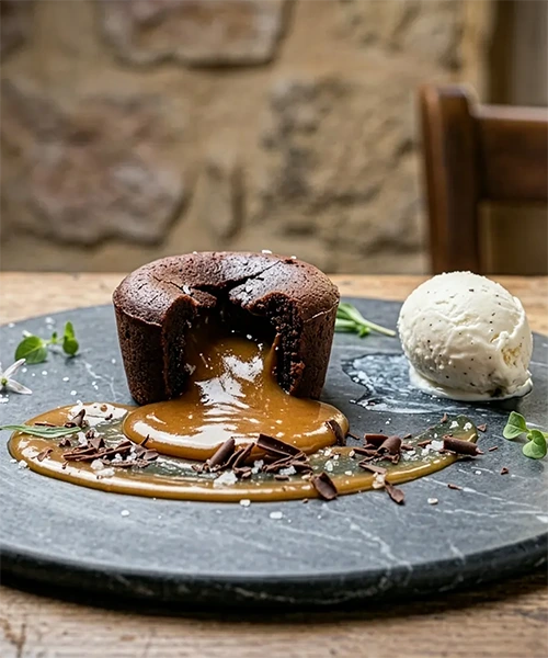 Obsidienne Sucrée : coulant au chocolat grand cru 72%, cœur caramel beurre salé et glace au lait de brebis, dessert du restaurant Stratos à Val d'Isère, vignette