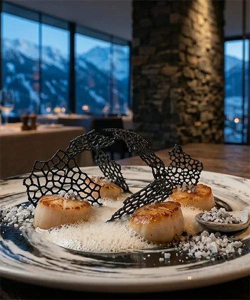 Sérac : noix de Saint Jacques snackées, émulsion iodée, tuile de cendre végétale et poudre de roche comestible, plat du restaurant Stratos à Val d'Isère, vignette
