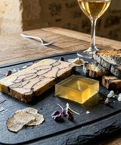 Socle : foie gras en terrine pressée, gelée de Sauternes, lamelles de truffe noire et pain grillé à la cendre, entrée du restaurant Stratos à Val d'Isère, vignette