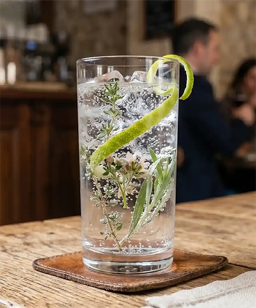 Soft signature à l'eau de source alpine pétillante, infusion de plantes sauvages et zeste de bergamote du restaurant Stratos à Val d'Isère, vignette