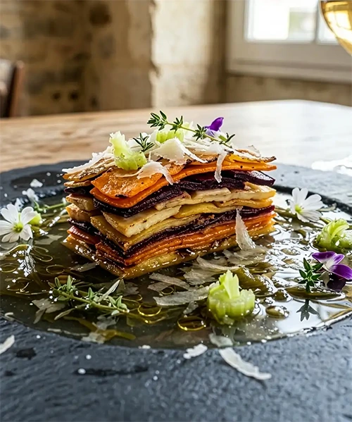 Stratum : millefeuille de légumes racines, bouillon de kombu alpin, huile de truffe blanche et parmesan vieilli 36 mois, plat du restaurant Stratos à Val d'Isère, vignette